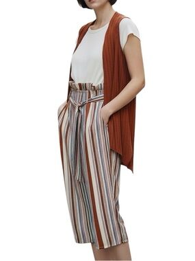 Love Squared Cream Top with Rust Vest Multicolor Striped Jumpsuit 2-Piece Set